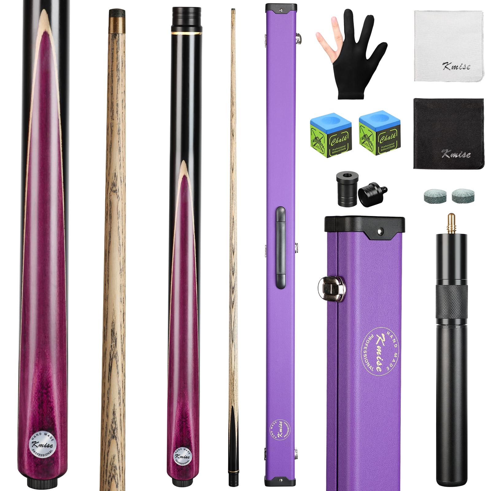 Kmise 57" 3/4 Jointed Snooker Billiard Pool Cue Handcrafted 9.5MM Tip Ash Wood Cue 21oz with Telescopic Aluminium Extension & Billiard Cue Case | Chalk & Glove Accessories Snooker Cue Set Purple