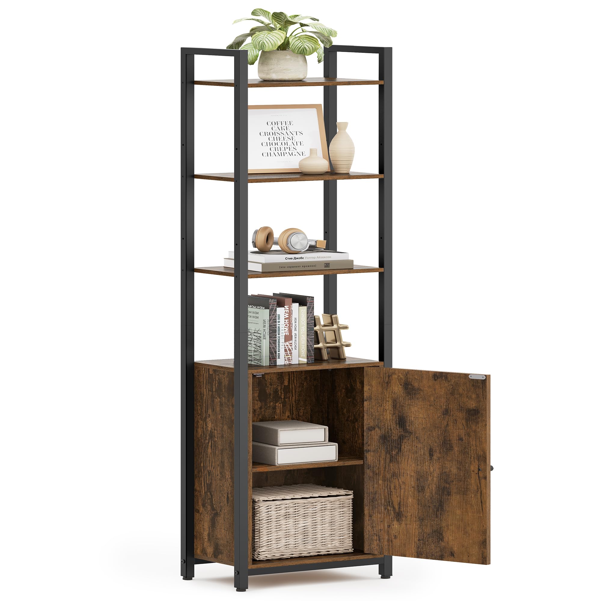 6-Tier Bookcase, Tall Bookshelf with Door, Metal Frame, Adjustable Shelves, 24 x 40 x 159.5 cm, Living Room Bedroom, Rustic Brown and Ink Black LLS132K01