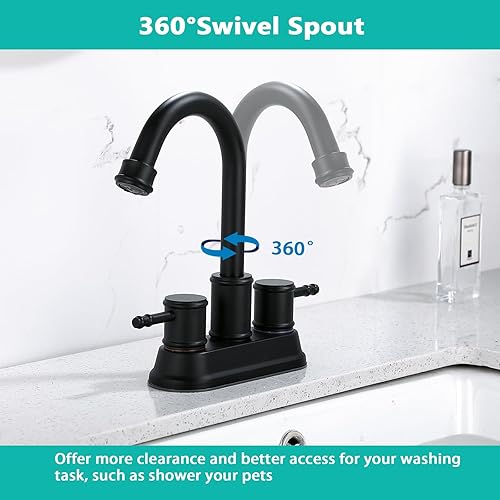 Miniatura 2 de BARROCK Grifo central de baño de 4 pulgadas y 2 asas, acero inoxidable sin plomo, moderno, giratorio de 360, grifo mezclador de 2 a 3 agujeros,