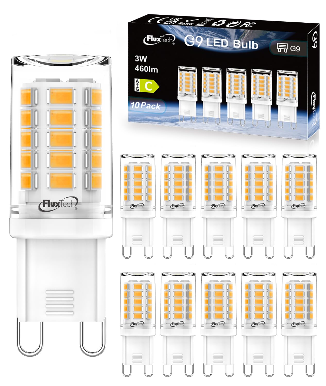 FluxTech G9 LED Bulbs Warm White 3000K, Energy Class C, 3W (40W/50W Halogen Equivalent), 460 Lumen, Non-Dimmable, 10 Pack — image 1
