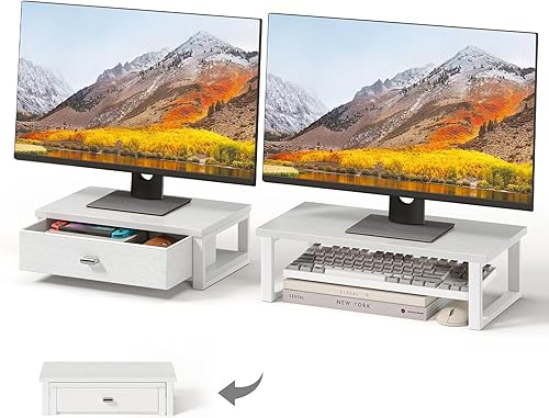 WOHOMO Soporte elevador de doble monitor con cajones, organizadores de escritorio para 2 monitores, soporte de almacenamiento de escritorio para