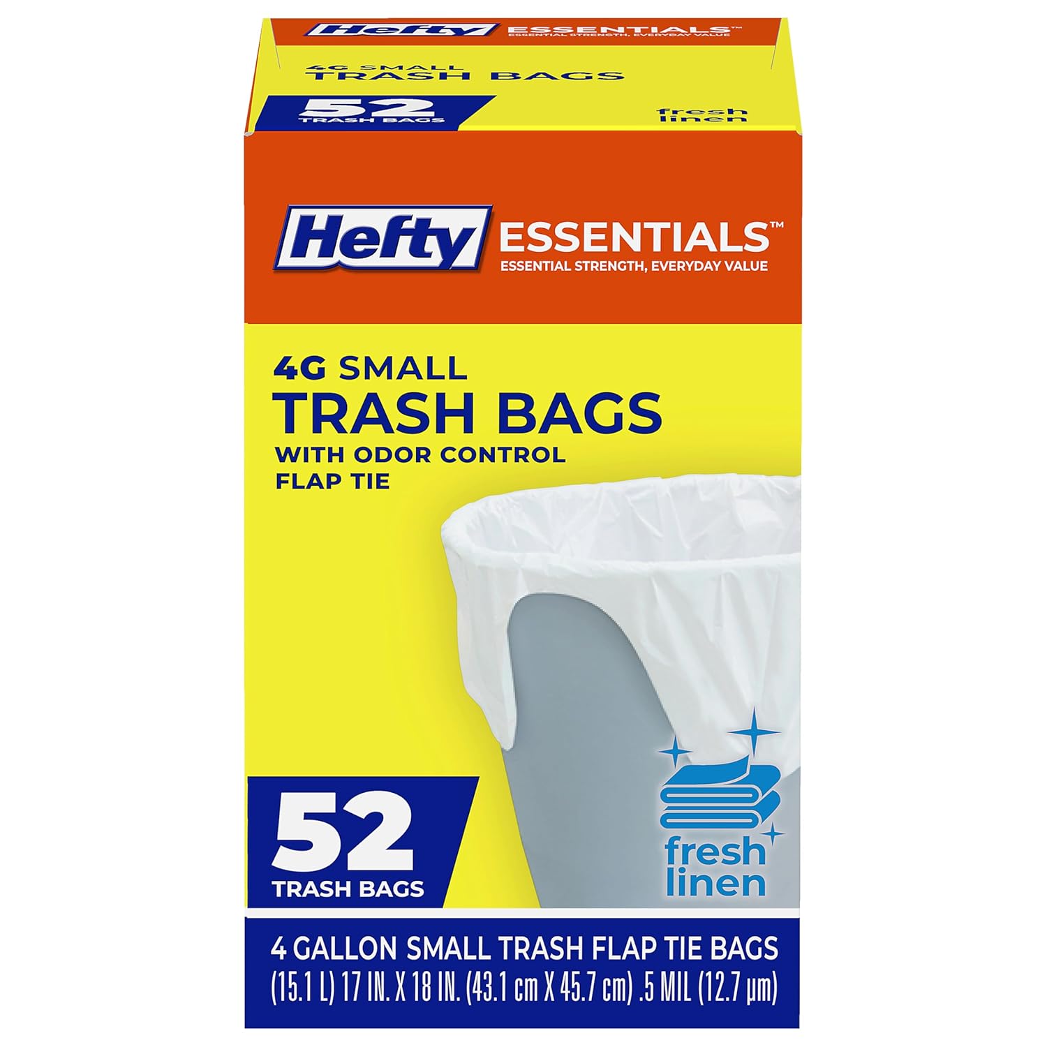 Hefty Essentials Flap Tie 4 Gallon Trash Bags 52 Count Small Scented Trash Bags for Bathrooms Bedrooms Dorm