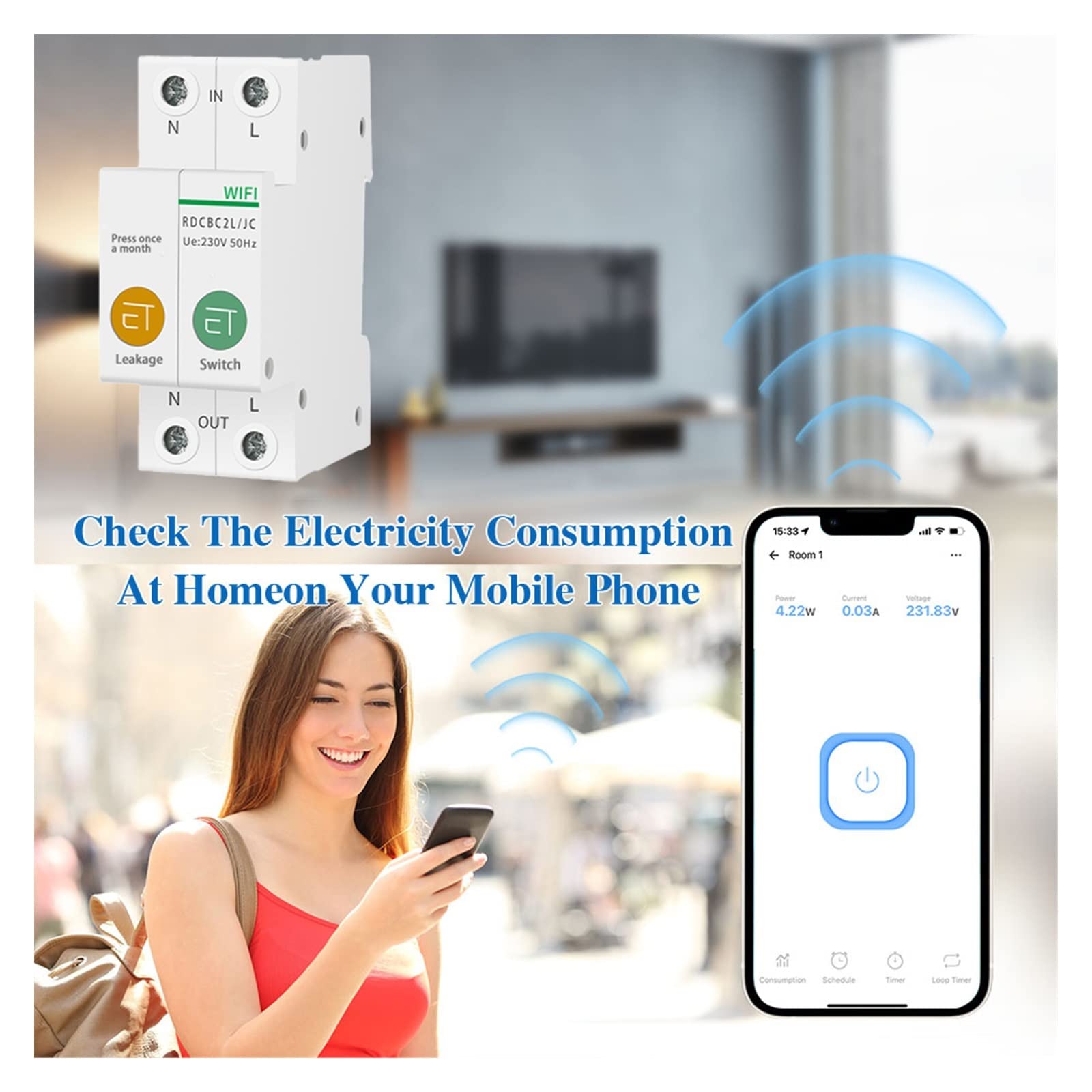 Medidor De Consumo Electrico, Relé de voltaje disyuntor inteligente con medidor de energía 1/2P protección contra fugas for interruptor de Control remoto de hogar inteligente , Fácil de instalar(2P,16
