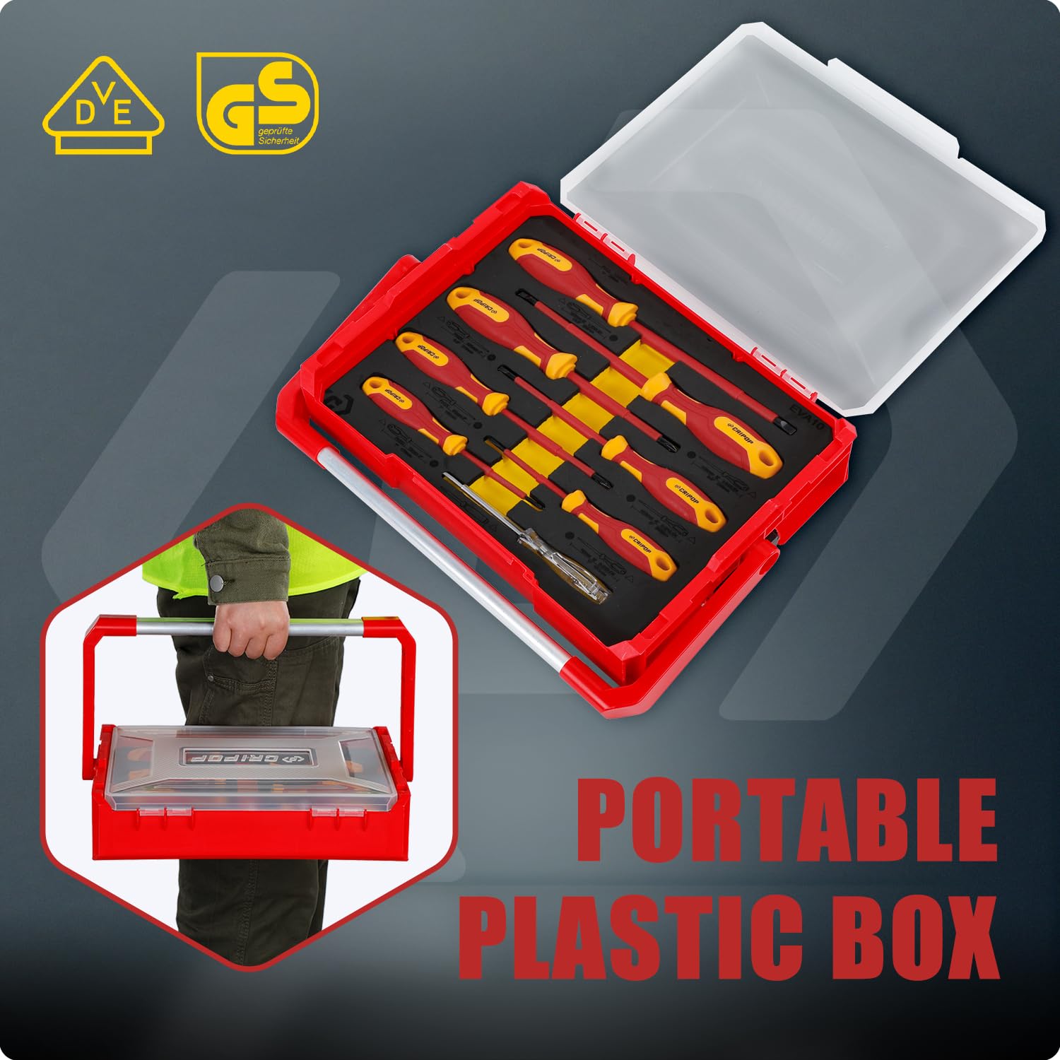 Juego de 8 destornilladores eléctricos aislados, certificado VDE y GS de 1000 V, juego de destornilladores Phillips/planos, mango ergonómico y punta magnética, con probador de voltaje, caja de