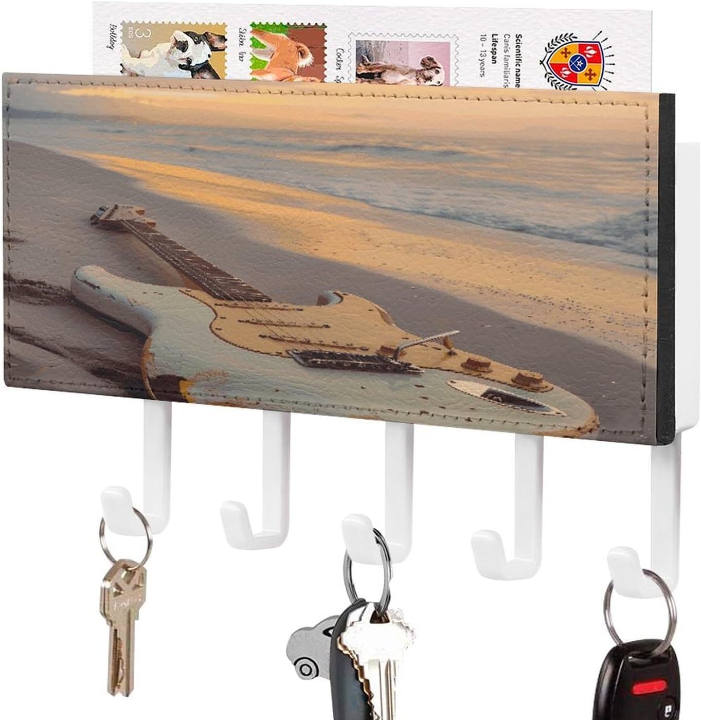 Key Holder Wall Mount Key Hanger with 5 Hooks, Decorative Key Rack | Guitar on The Beach Hanging Key Hooks with Mail Organizer for Wall Living Room Kitchen Bathroom Hallway