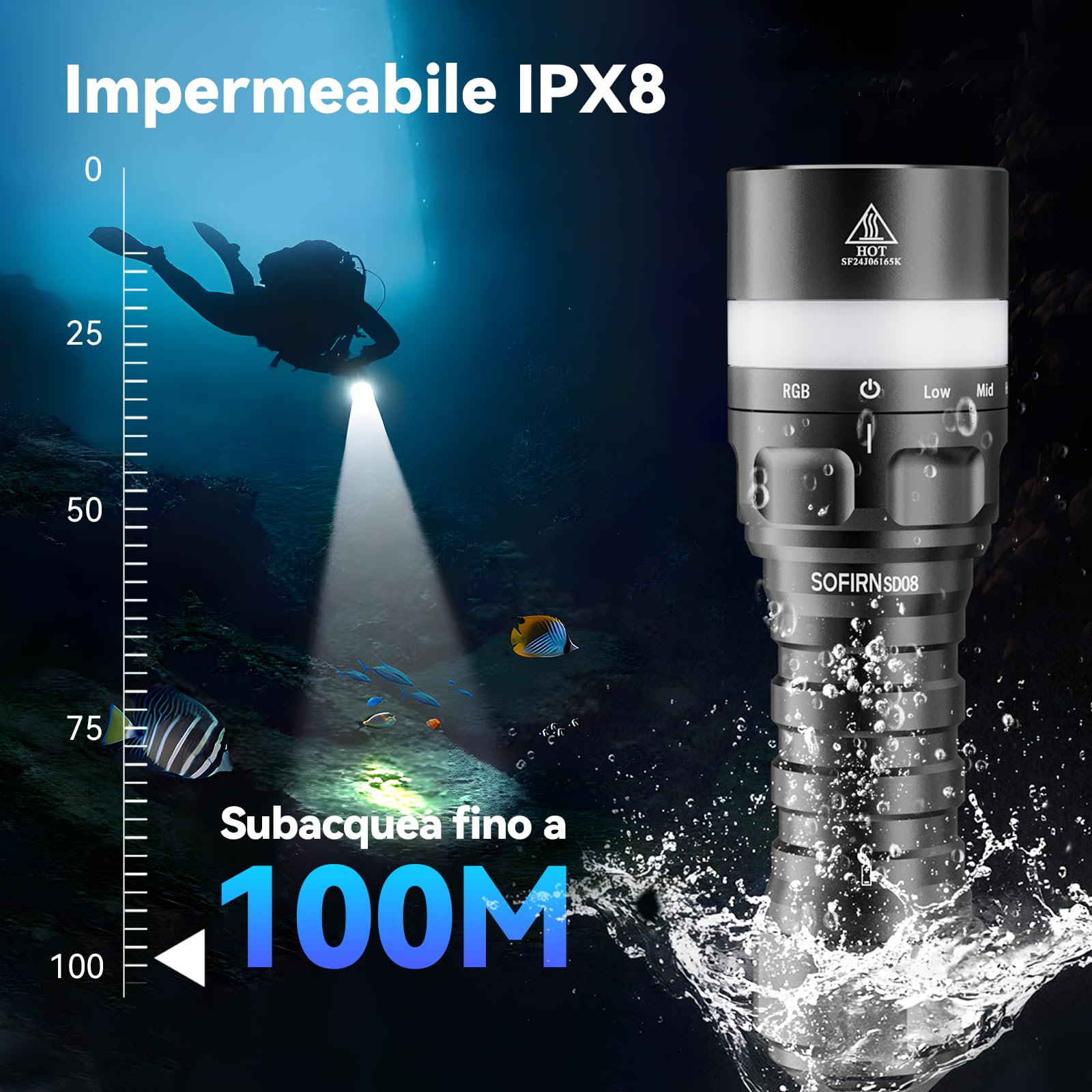 Sofirn SD08 Torcia Subacquea 3200 Lumen IPX8 4 Modalità LED