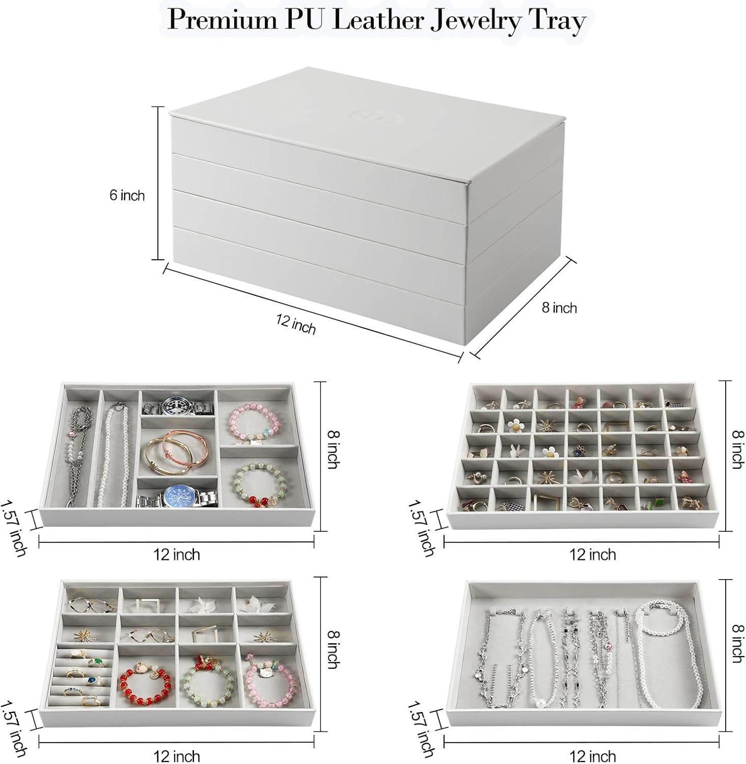 EZDeco Jewelry Organizer Tray with Lid,Extra Large Set of 4 Jewelry Trays for Drawers Stackable Jewelry Holder Inserts PU Leather Jewellery Storage for Ring Earring Necklace Bracelet for Mom(Grey)