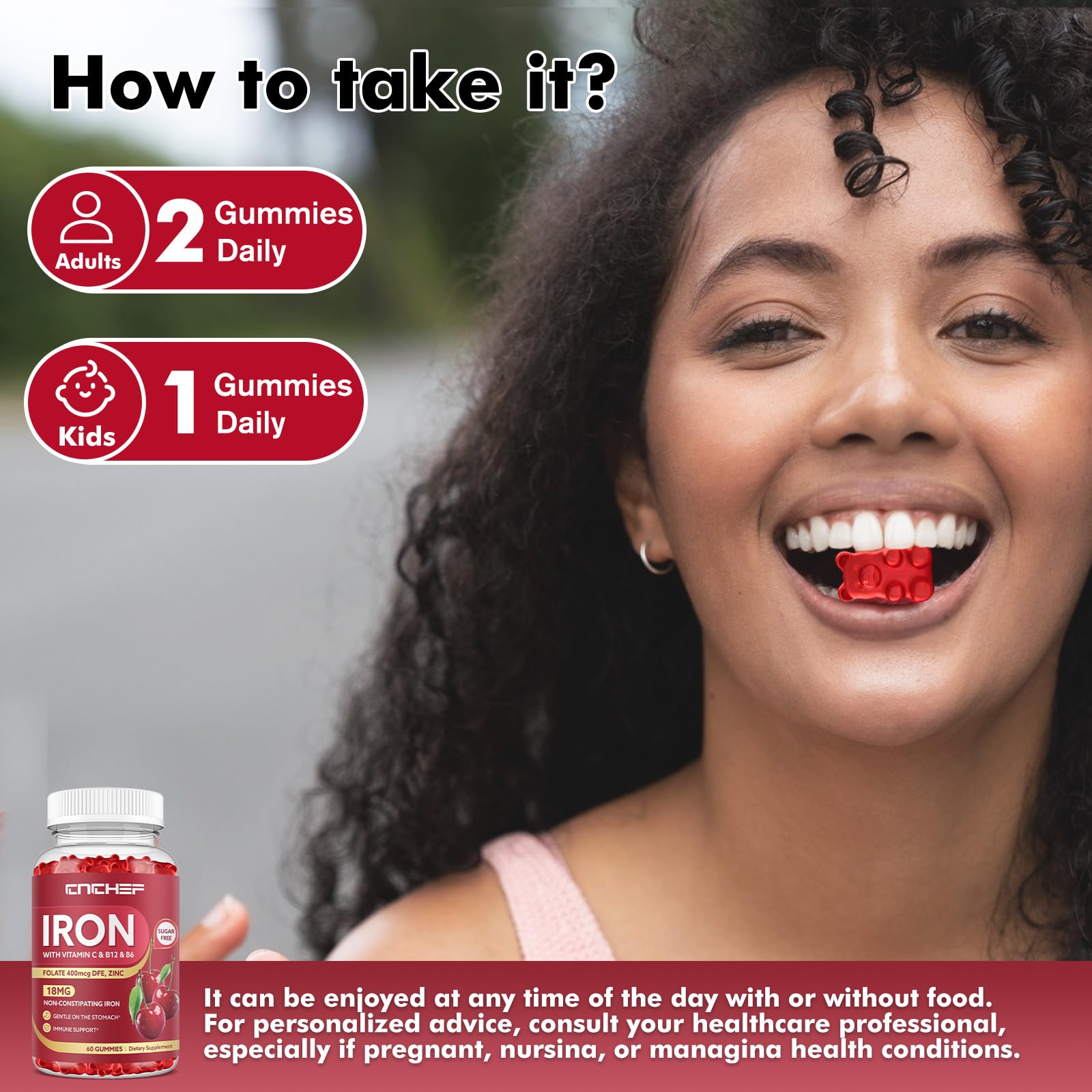 Iron Supplement for Women & Men Gummies, Multivitamin Blood Builder Iron Supplement with Folate Vitamin C B12 B6 Zinc for Adults & Kids - Energy Support - Cherry Flavor, Vegan 60 Gummies — Amazon image 5