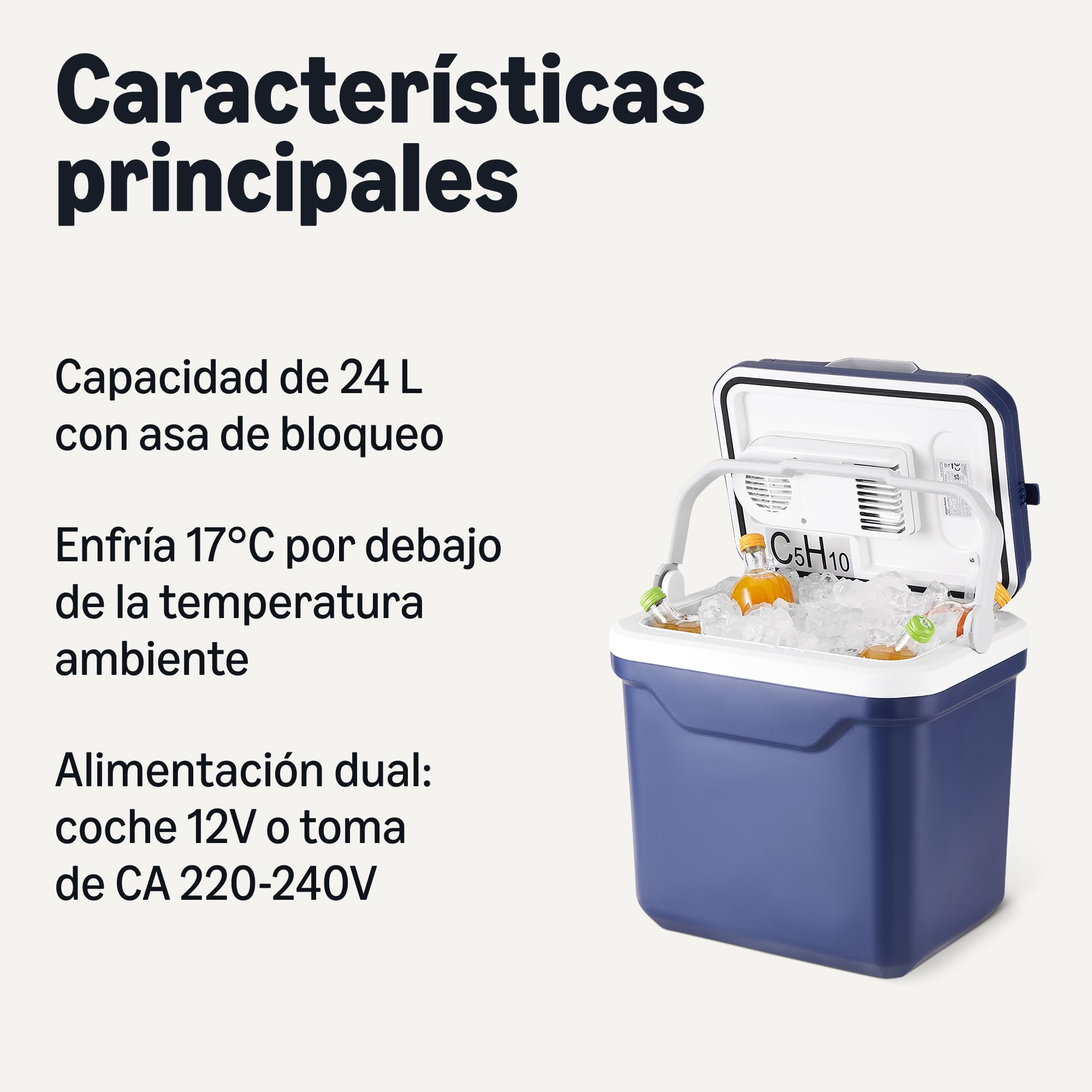 Amazon Basics Nevera eléctrica, Nevera con Función de Refrigeración y Calentamiento, 12 V CC/230 V CA para Uso Doméstico o en Vehículos, 24 Litros, Azul