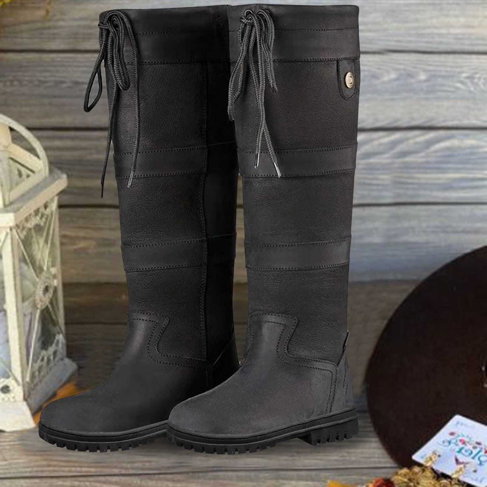 Generisch Stivali da equitazione da donna, stile country, stivali alti al ginocchio, stivali alti da donna, stile retrò, lunghi in pelle, caldi invernali, tacco piatto, casual, lunghi