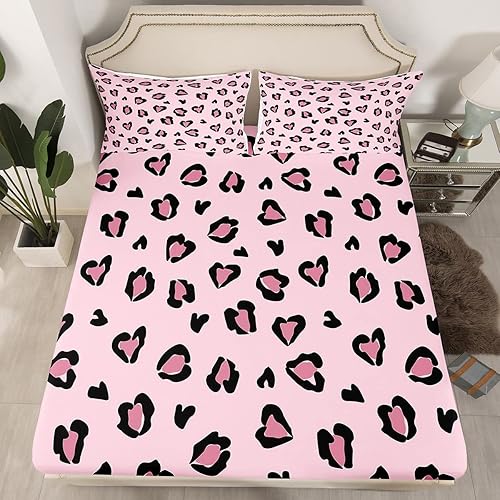 Erosebridal Sábanas de tamaño matrimonial con estampado de leopardo rosa para niños y niñas, juego de ropa de cama de microfibra para todas las