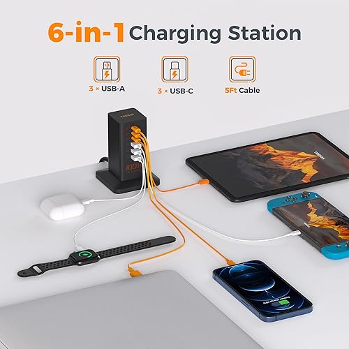 Miniatura 2 de Cargador USB C Blcok PD 100W, estación de carga TESSAN 6 en 1 para múltiples dispositivos, cargador de torre de escritorio con 6 puertos USB para