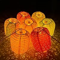 Aiminjey 12pcs 6-Inch Oval Chinese Japanese Paper Lanterns with LED Lights, Tassels & Sticks - Lunar New Year 2026 Party Decor