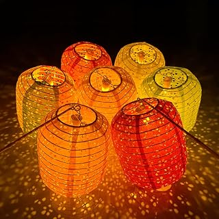 Aiminjey 12pcs 6-Inch Oval Chinese Japanese Paper Lanterns with LED Lights, Tassels & Sticks - Lunar New Year 2026 Party Decor