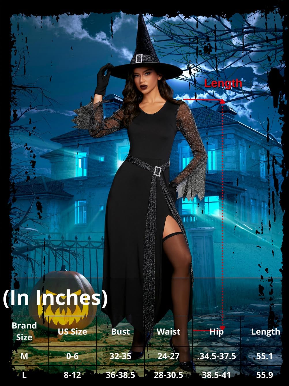 EHSUYAB Women 4 Pcs Sexy Witch Costume, Hat Glove G String Maxi Dress, Halloween Costumes Cosplay Outfits