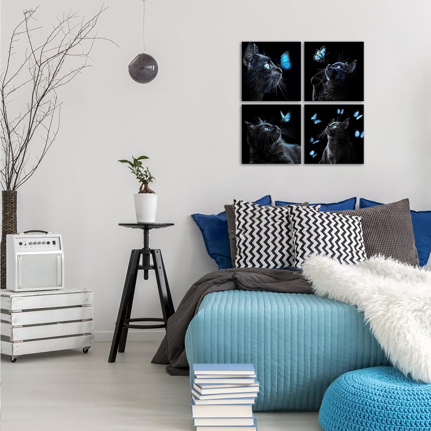 iLOOKLiKE 4 Pieces Cat Wall Art Blue Butterfly with Black Animal Pet Canvas Prints Painting Cute Kitten Pictures Poster Framed for Girls Bedroom Living Room Home Decor Ready to Hang 12x12inchx4pcs