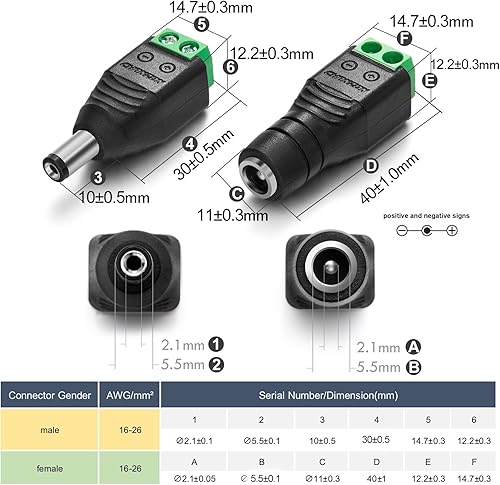 Miniatura 3 de Chanzon 5 machos  5 hembras Conector de alimentación de 12 V CC de 0217in x 0083in enchufe de alimentación de 24 V para tira de LED CCTV cable de