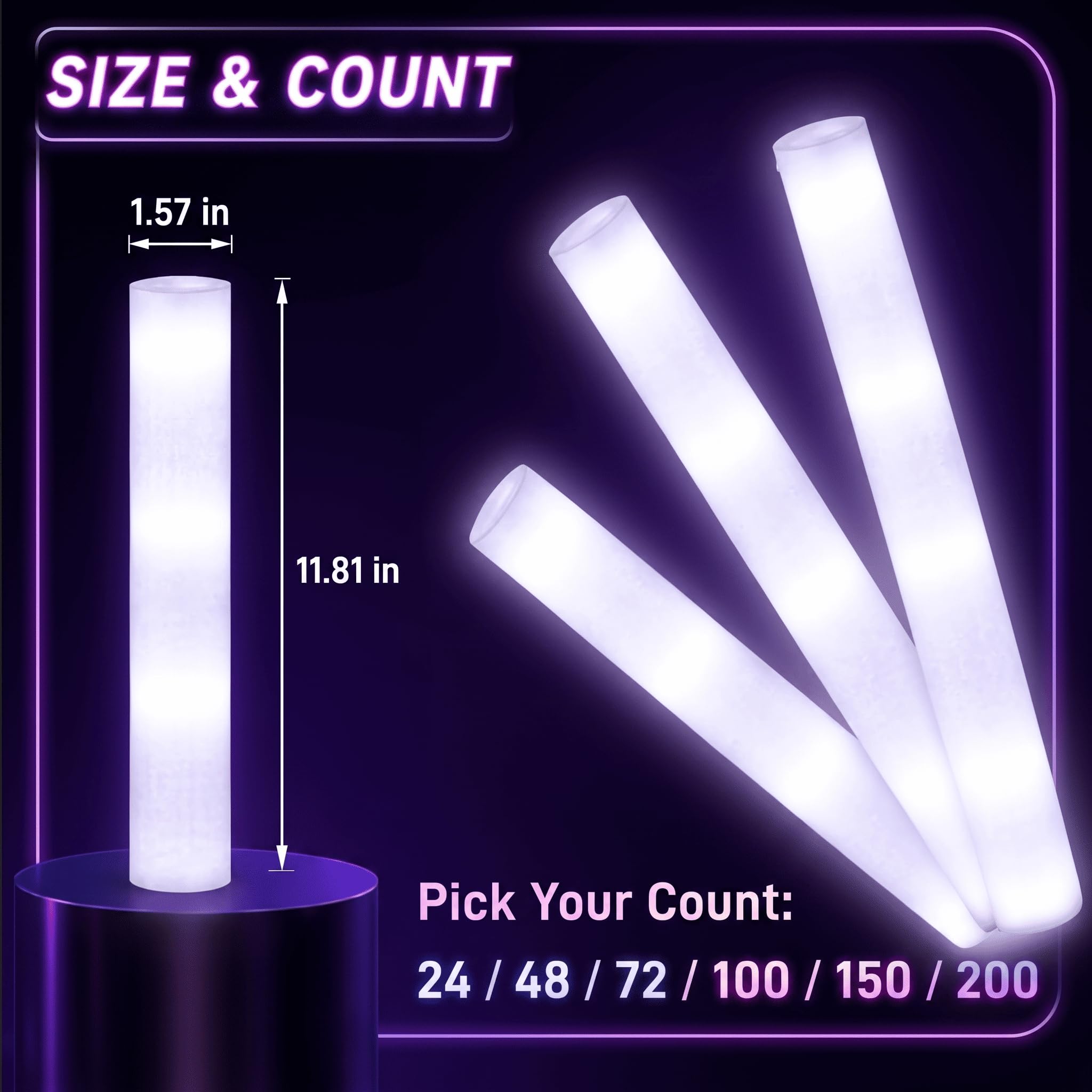Liliful 100 Stück LED-Schaumstoffstäbe, weiß, blinkende Leuchtstäbe, Baton-Zauberstäbe, Motto-Party-Set, leuchtet im Dunkeln, Partyzubehör für Hochzeit, Raves, Konzert, Geburtstag