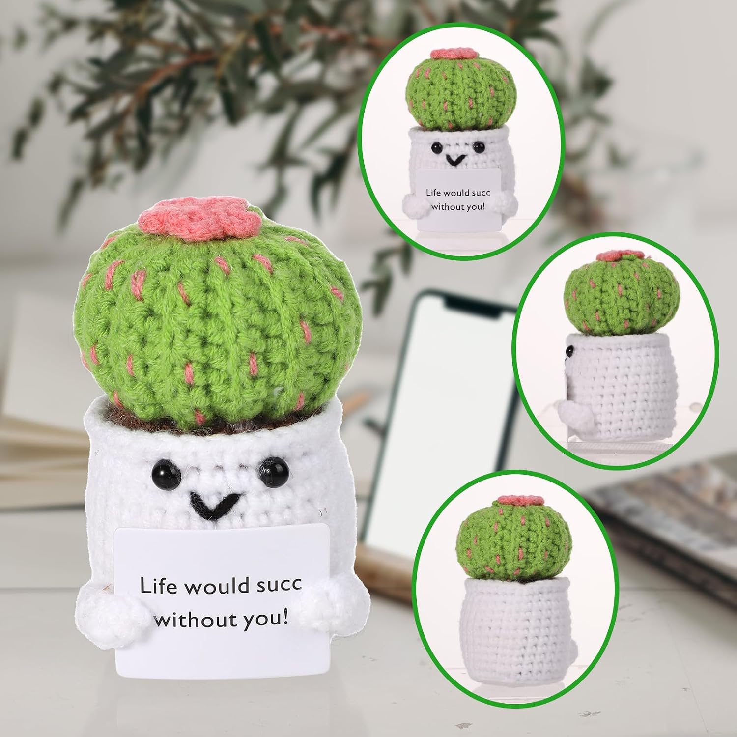 BOXOB 3.4 x 2.2 Inch Positive Cactus Crochet, Wool Yarn Positive Knitted Toy with Encourage Potato Card Plant Pot Funny Life Crochet Doll Gift Decoration for Desk, Home, Classroom, Birthday image 3