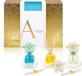 AGRARIAat The Beach PetiteEssence Collection, Handmade Sola Flower Reed Diffuser Set of 3, Luxury Home Fragrance Scented Oil Diffuser Gift Set
