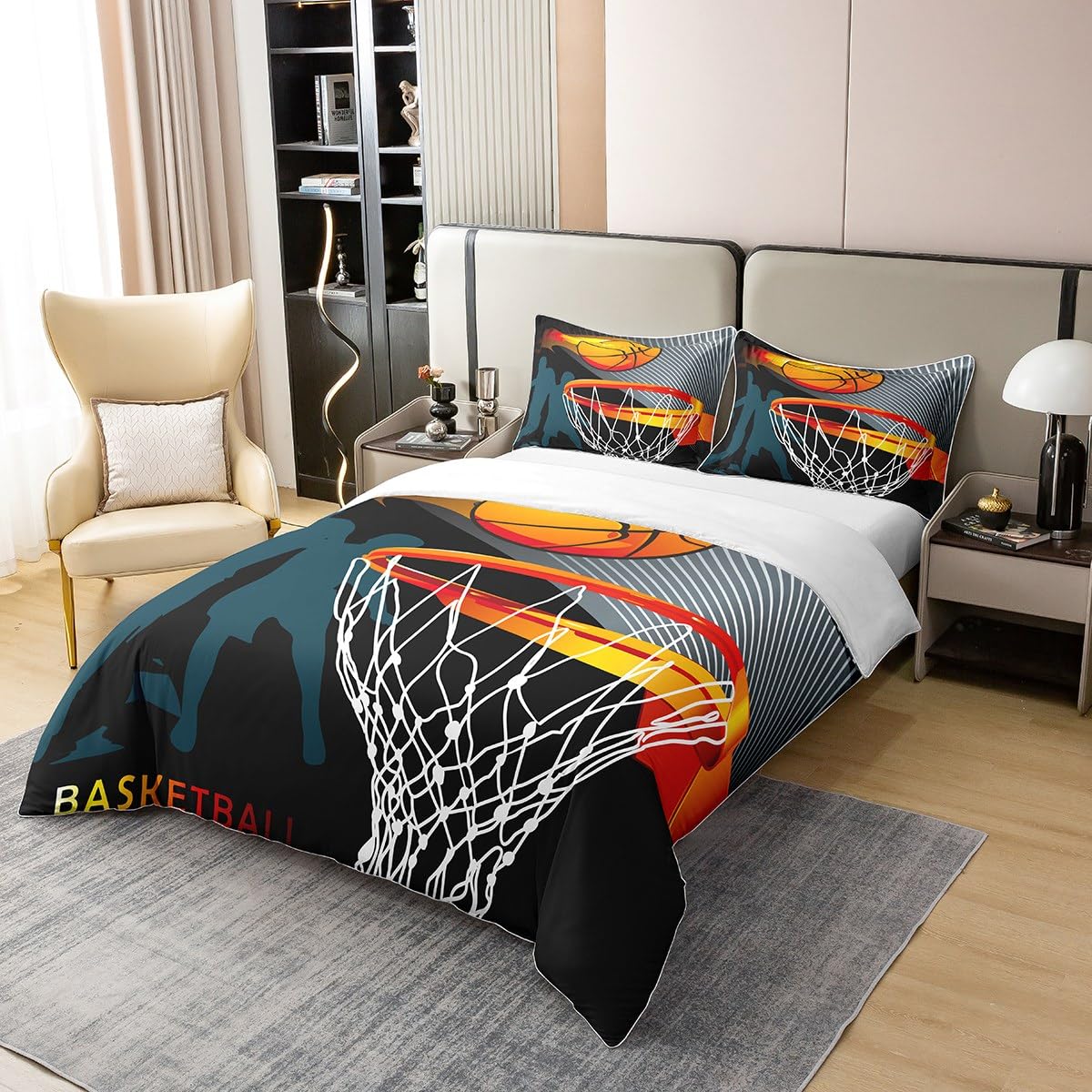 Loussiesd Sports Basketball 100% Cotton Duvet Cover Single Size Set Sports Theme Bedding 100% Cotton Set Boys 3D Basketball Pattern Comforter Cover Slam Dunk Quilt Cover Bedroom Collection 2Pcs - Image 2