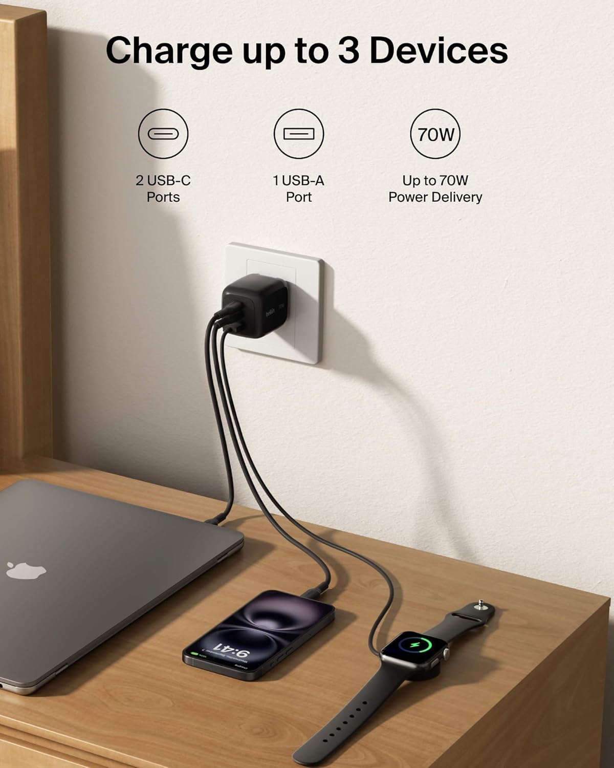Belkin 3-Port USB C Charger Block 70W, Multi-Port GaN Wall Charger w/ 2X USB C Ports & 1x USB A Port, Fast Charging for MacBook, iPhone 17, iPad Pro, Samsung Galaxy S25, Google Pixel 10, & More