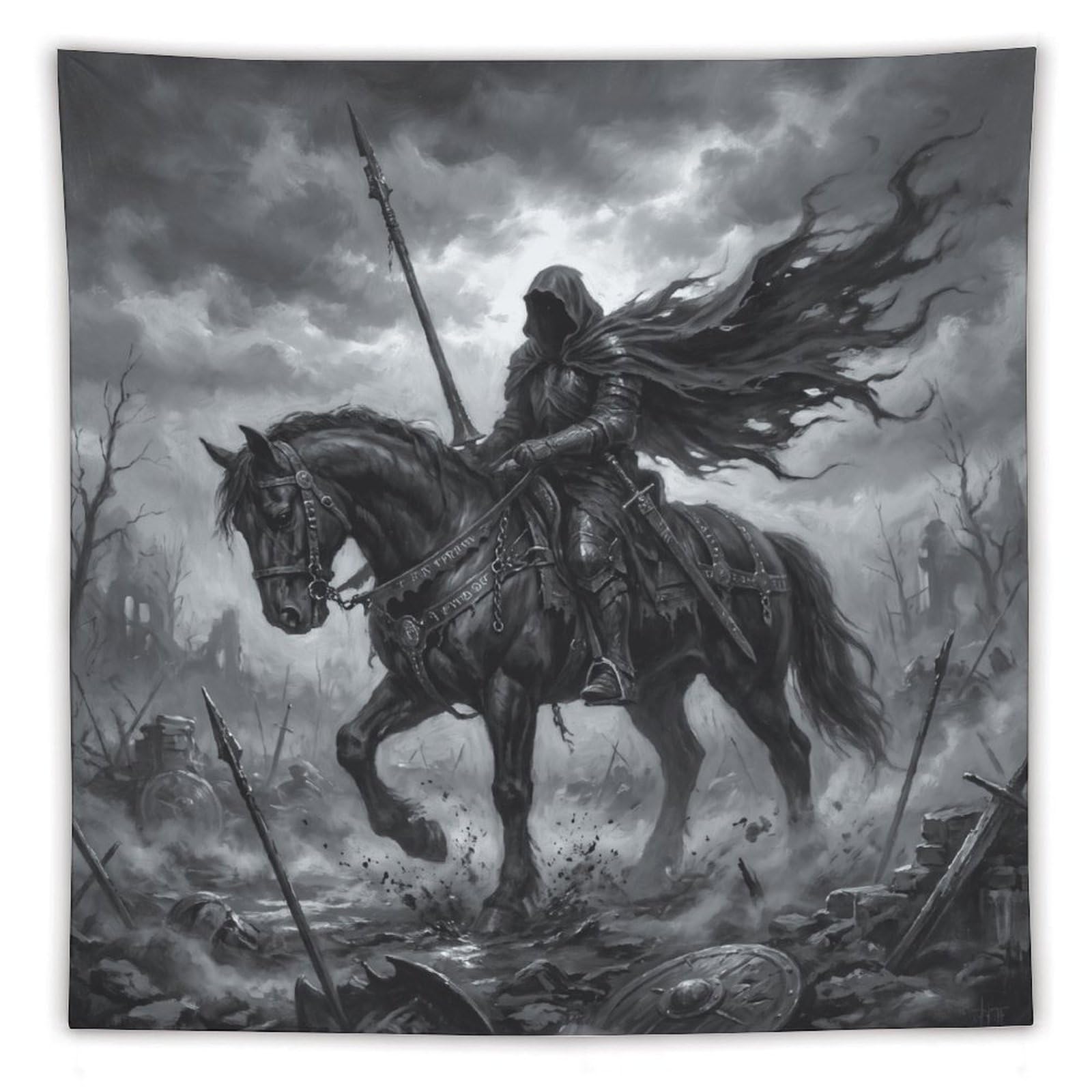Battlefield Horseman Wall Tapestry, Medieval Illustration, Backdrop