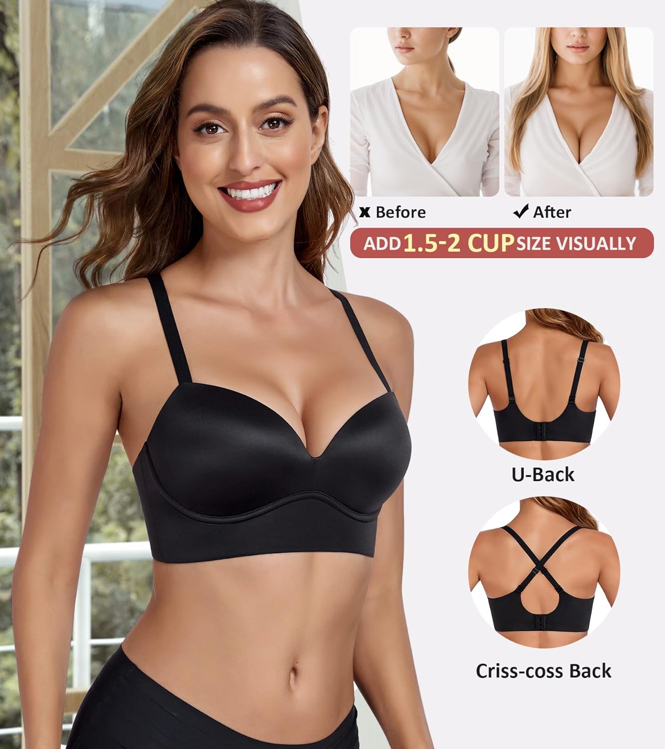 Lemorosy Women's Push Up Wireless Bra Multiway Convertible Plunge V Brassiere No Underwire Padded Comfortable T Shirt Bras - Image 5