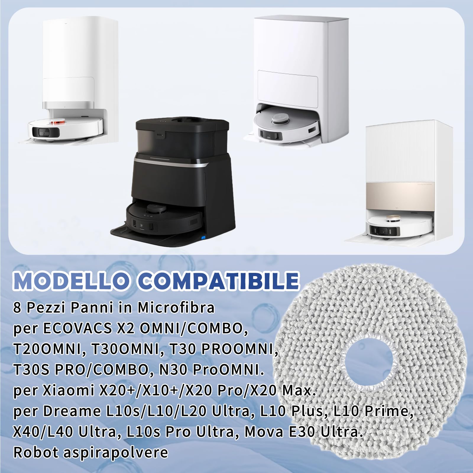 Spofan 8 Pezzi Panni Mop per ECOVACS DEEBOT X2/T20/T20e/T30 OMNI, T30S Pro/Combo für Xiaomi X20/X10+ Plus für Dreame L10s/L10/L20/X40/L40 Ultra Aspirapolvere, Riutilizzabili e Lavabili
