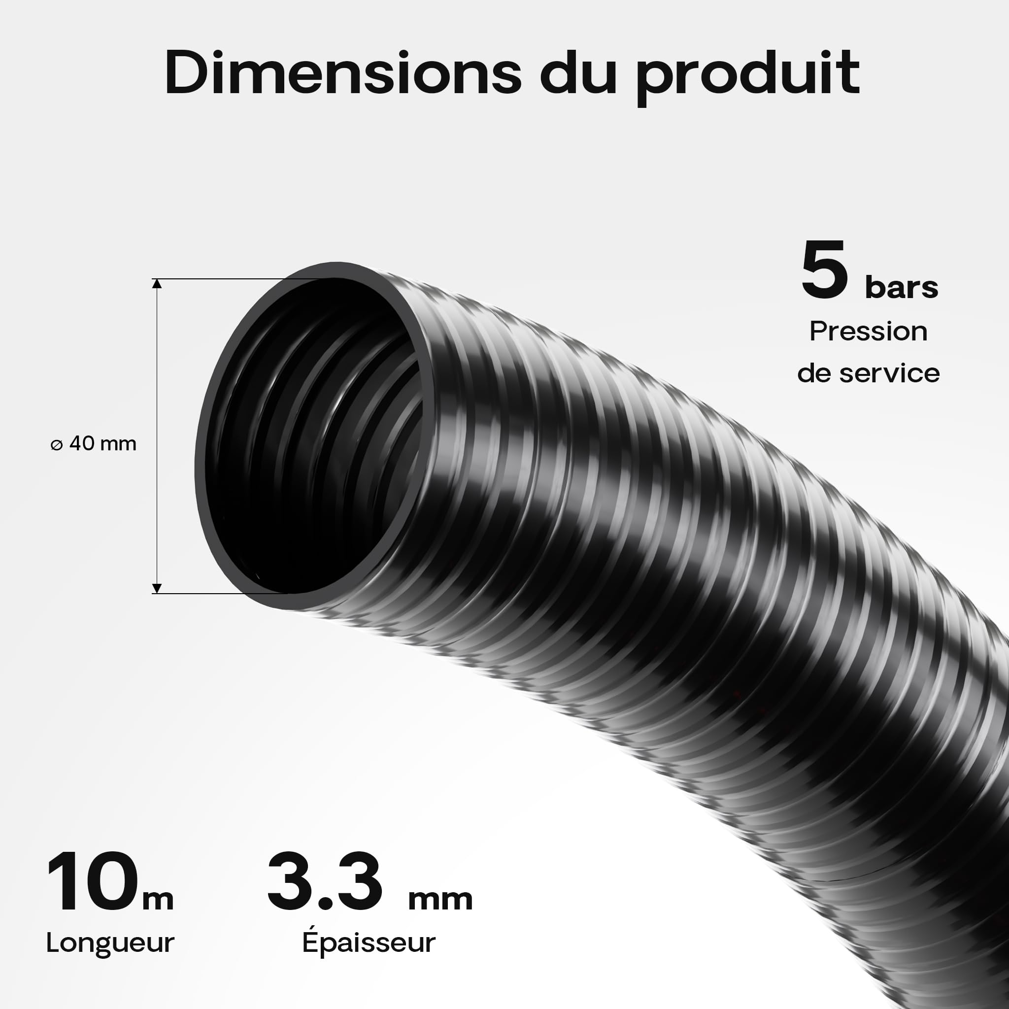 Wiltec Tuyau d'aspiration noir – 10 m/Ø 40 mm (1 1/2") / 610 g/m – avec Spirale de renforcement – Tube à pression souple en PVC – pour Arrosage Irrigation Jardinage Évacuation Refoulement