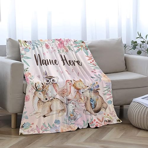 Miniatura 241 de Manta personalizada con diseño de jirafa y elefante, manta de franela suave, acogedora y ligera con nombre para sofá, cama, sofá, regalo, unisex