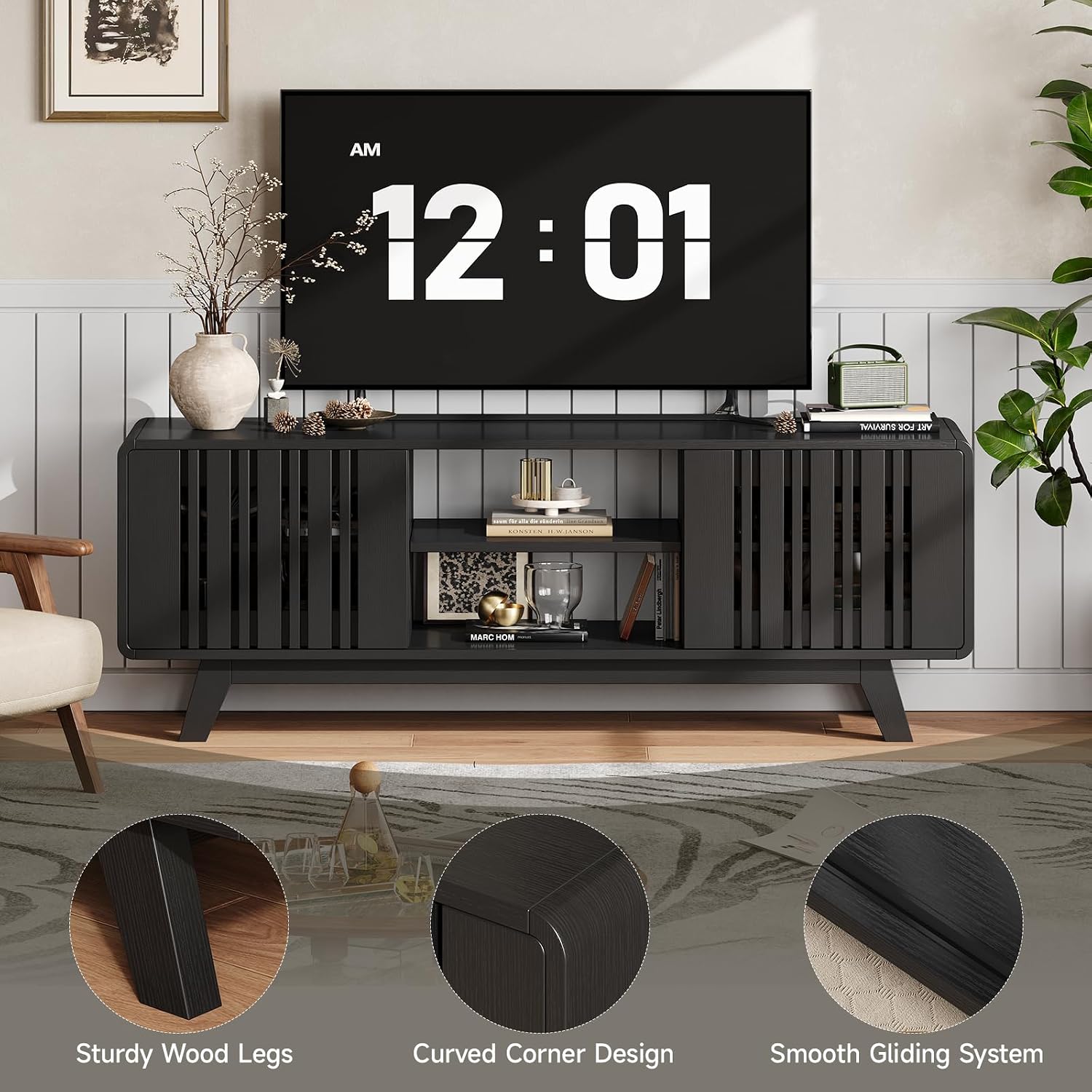 Close-up images highlighting the sturdy wood legs, curved corner design, and smooth gliding system of the TV stand.