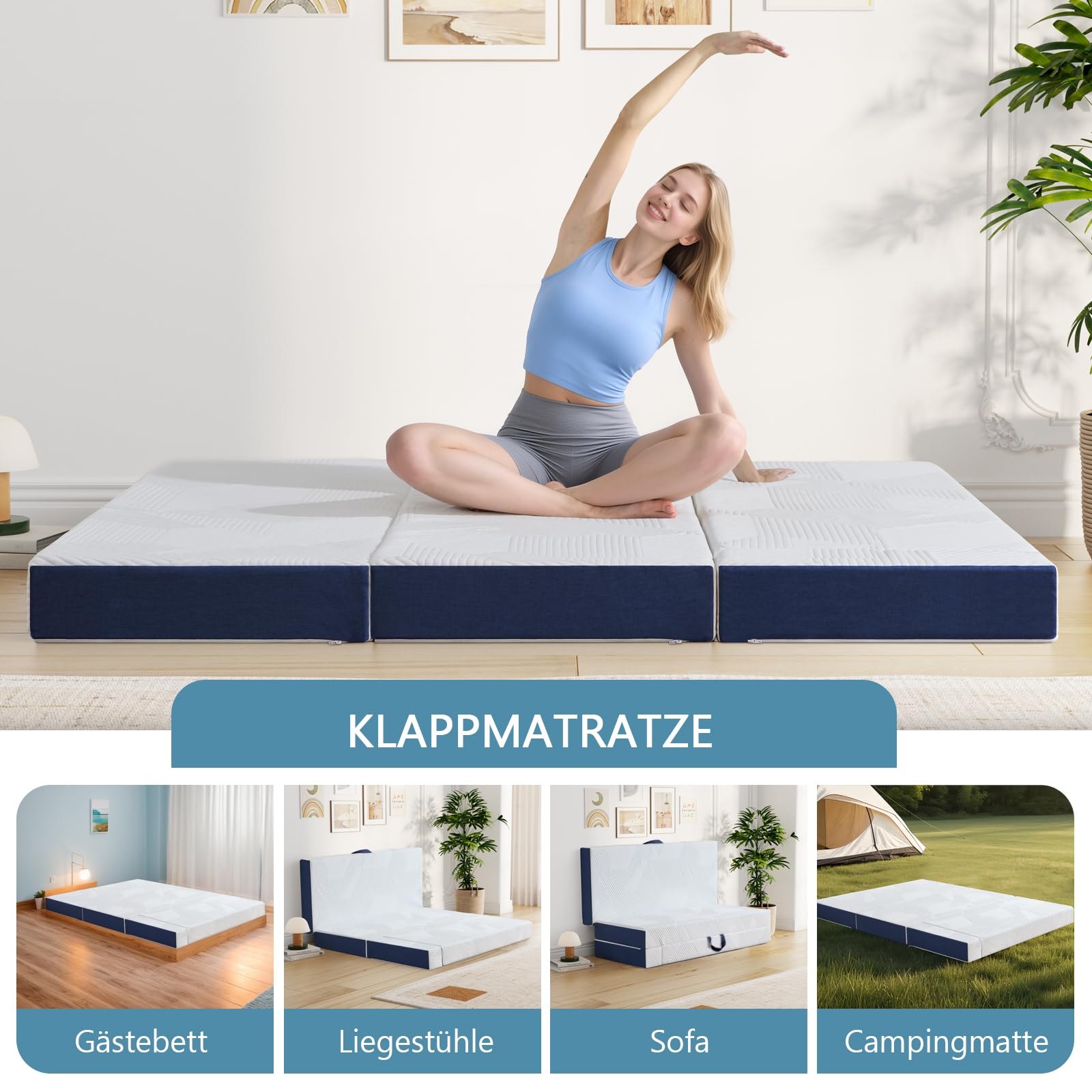 Hiimgo 4-teilige Klappmatratze 75 x 195 x 15 cm (extra dick) – Gästematratze klappbar mit waschbarem, hautfreundlichem Bezug – Atmungsaktiver Schaumstoff, Faltmatratze für Gästebett, Reisen, Camping