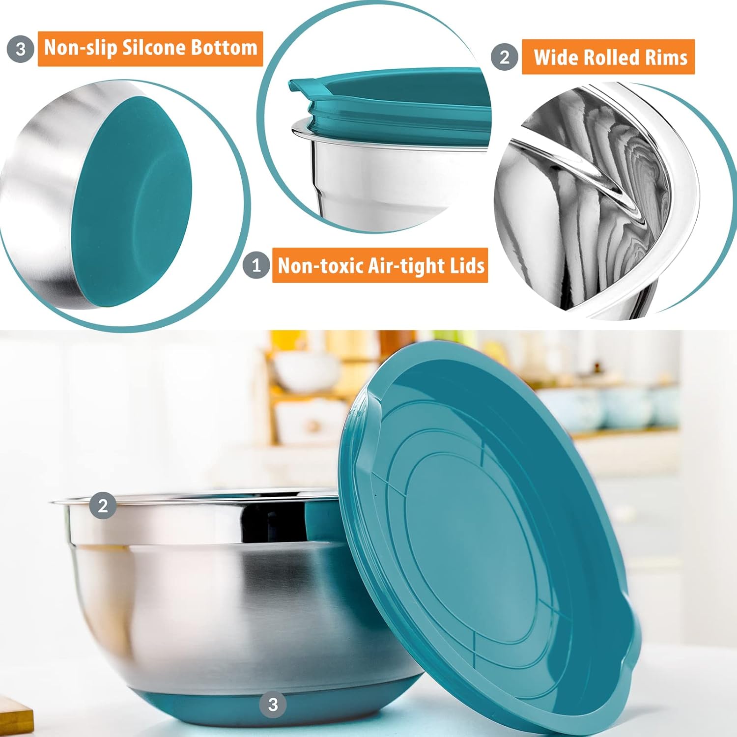 E-far Stainless Steel Mixing Bowls Set of 5, Size 7/3.5/2.5/1.5/1 QT, Metal Nesting Bowls with Teal blue Airtight Lids & Non-Slip Bottoms, Great for Kitchen Cooking, Baking, Serving, Food Prep