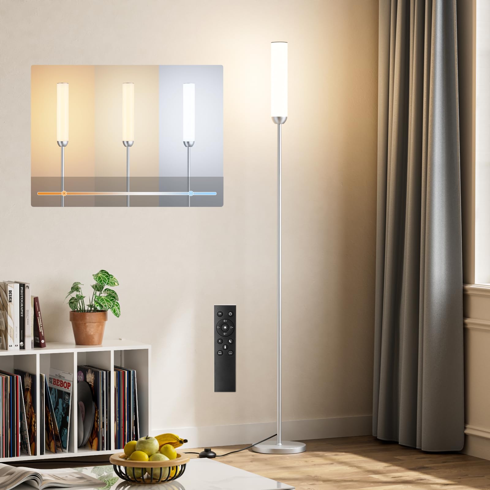 Lampadaire sur Pied Salon, lampadaire LED Dimmable, 5 Températures de Couleur avec Télécommande et Pédale de Commande, LED Lampe sur Pied Moderne Argent pour Chambre, Étudier, Bureau