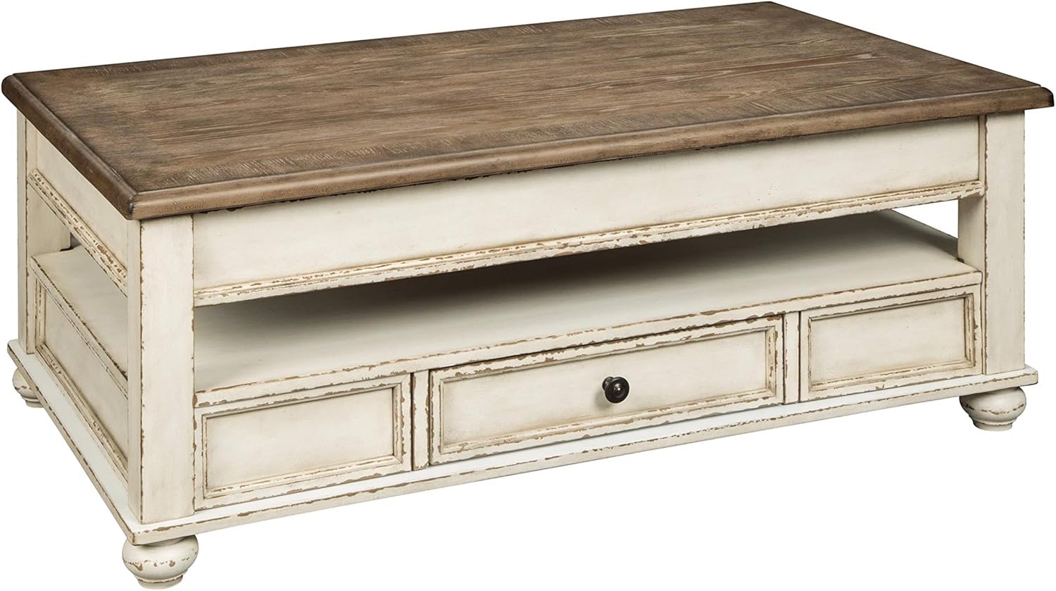 Pemberly Row Lift Top Coffee Table, 47 in x 28 in, Wood and Veneers, Antique White and Brown Finish, Smooth-Gliding Drawer, Open Shelf, Spring Lift Top, Cottage Style Living Room Furniture