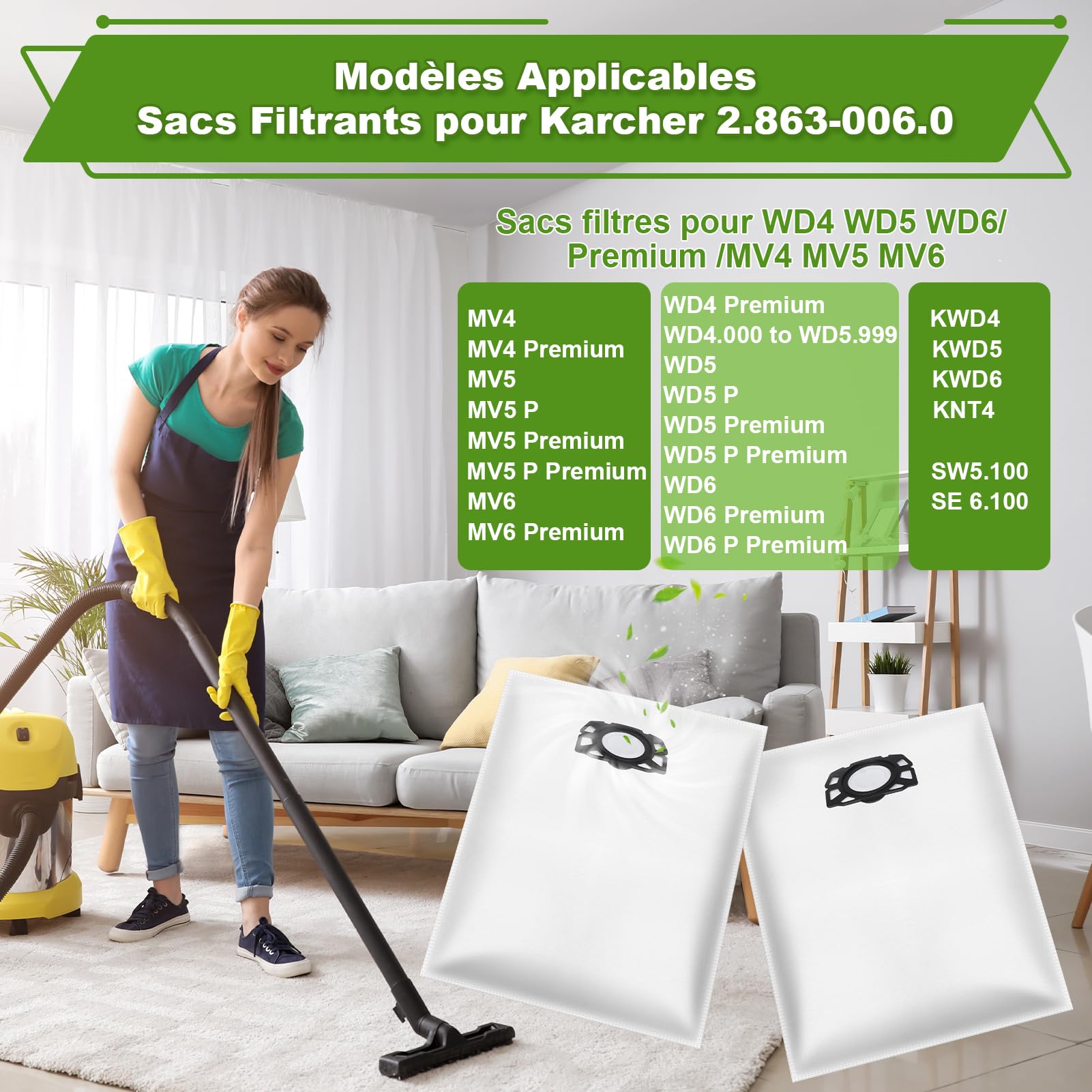 Lot de 15 Sacs de Filtre Sacs pour Aspirateur Karcher WD4,WD5,WD6,MV4,MV5,MV6,WD5P WD6P,KWD4,KWD5,KWD6, Sacs Filtrants D'aspirateur pour Aspirateur Humide et Sec 2.863-006.0