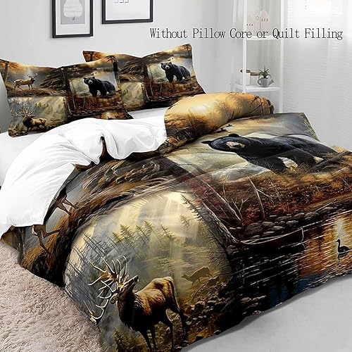 Miniatura 3 de VIVIHOME - Juego de ropa de cama de 3 piezas con diseño de oso negro y ciervo, animales del bosque, alce, vida silvestre, caza, casa de campo,
