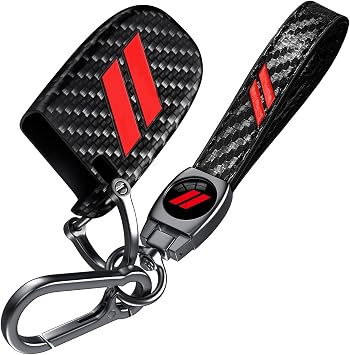 Dual Stripe Key Fob Cover with Keychain, Premium Metal & Carbon Fiber Texture Leather Protection, Anti-Scratch Anti-Drop, Compatible with Dodge Charger Challenger Durango RAM, Red Dual Stripe Emblem