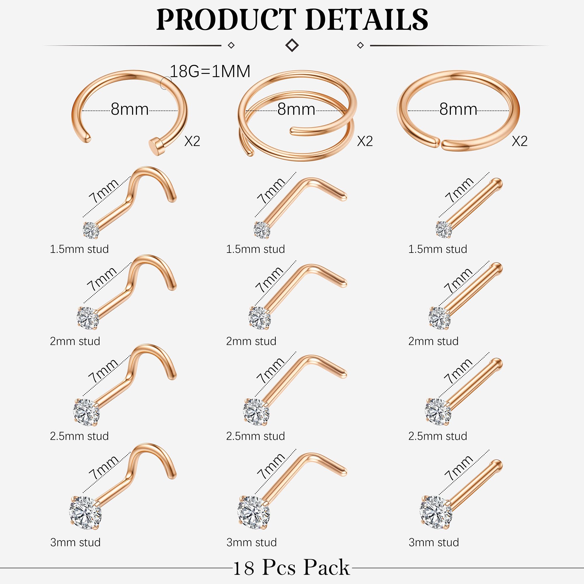 LOYALLOOK 18Pcs Nose Rings Studs - 316L Surgical Steel Gold Nose Studs Double Hoop Nose Ring for Women Men 18G/20G Nose Rings Stud Hypoallergenic Nose/Body Piercing Jewelry 1.5mm 2mm 2.5mm 3mm CZ: Rose Gold-18G