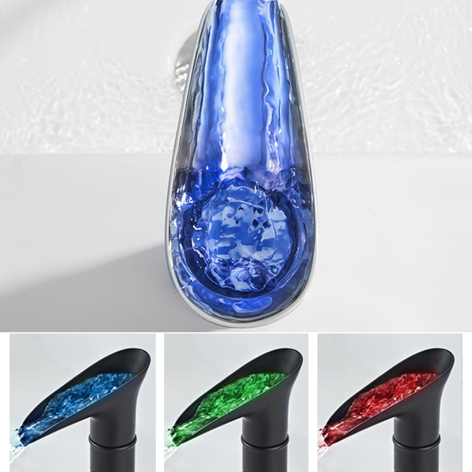 XJTNLB Waschtischarmatur Sensor Schwarz Wasserhahn mit Licht Bad, Led Wasserfall Waschbecken Armaturen Infrarot Armaturen Bad,Hoch