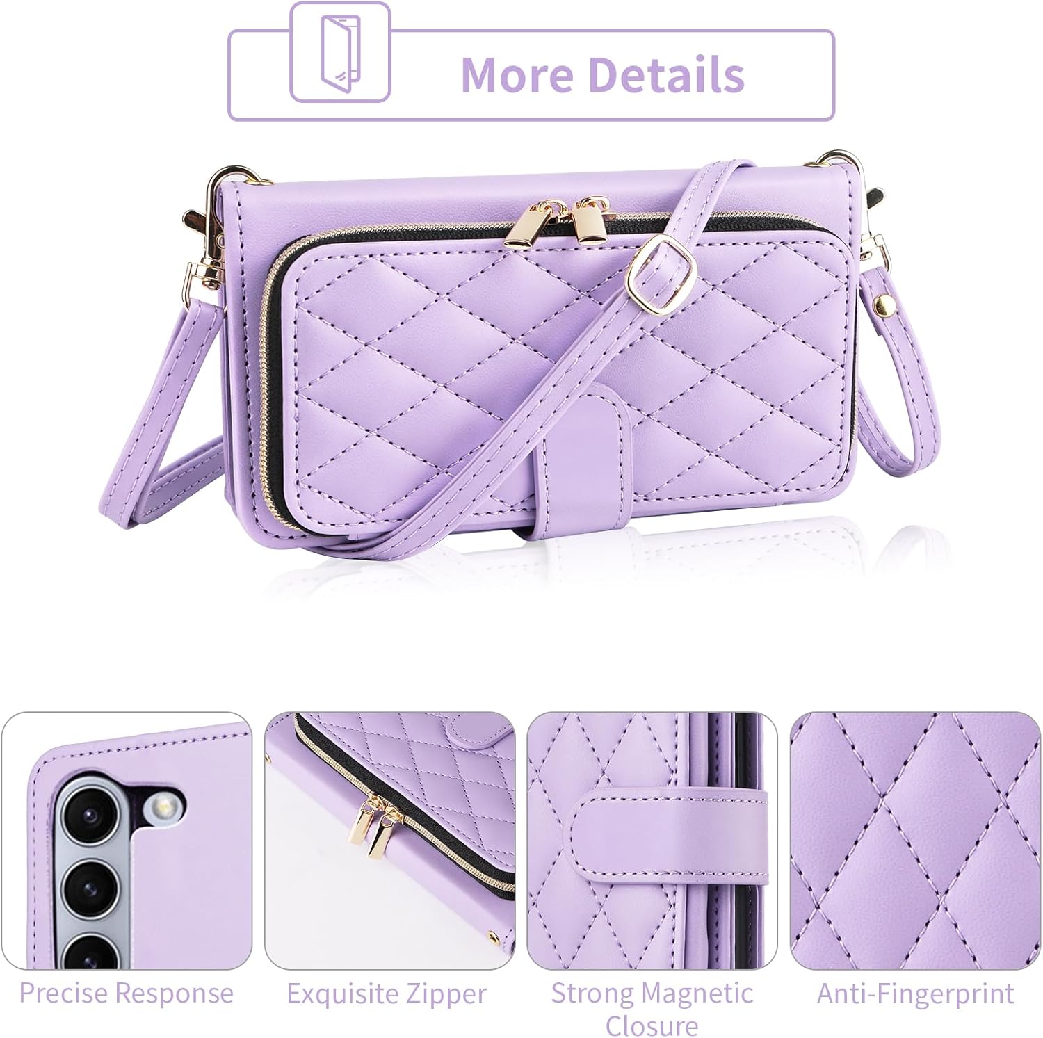 Wallet Case for Samsung Galaxy Z Fold 5 5G 2023 with Wrist Strap, Crossbody Shoulder Strap, 9+ Card Slots Zipper Purse, Luxury PU Leather Stand Cell Phone Cover for ZFold5 Z5 G Fold5 5Z Purple