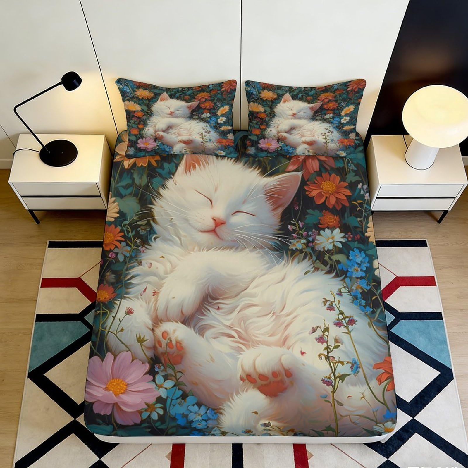 3D Printed Floral Cat Fitted Sheet Microfiber Mattress Cover for Bedroom, Dorm and Guest Room Decor 90x200x25cm