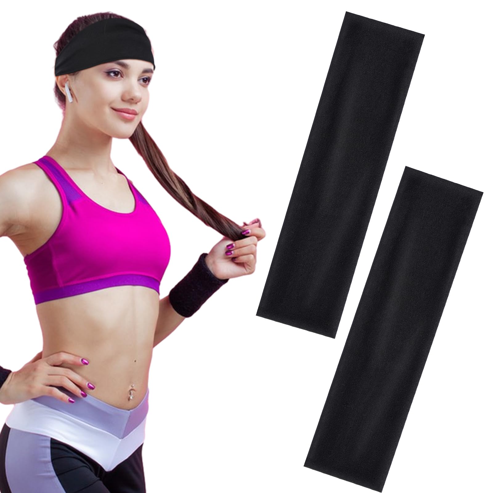 2 Pcs Black Headbands for Women's Hair Unisex Head Bands Adult Women Stretchy Elastic Hair Band for Workout Yoga Makeup Running Breathable Headband for Sports