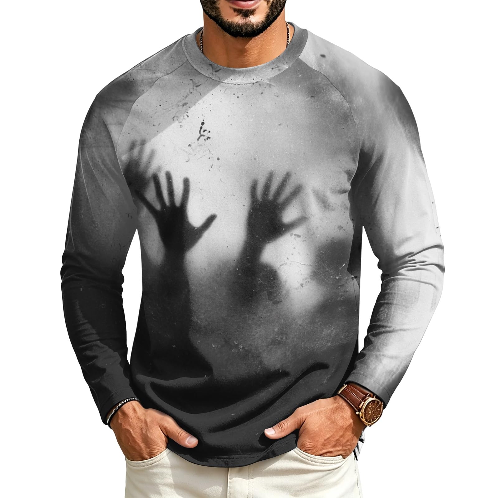 Halloween Crew Neck Shirts Costumes for Men Long Sleeve Fit Pumpkin Ghosts Print Casual Fashion Tops 2026，01-Black L