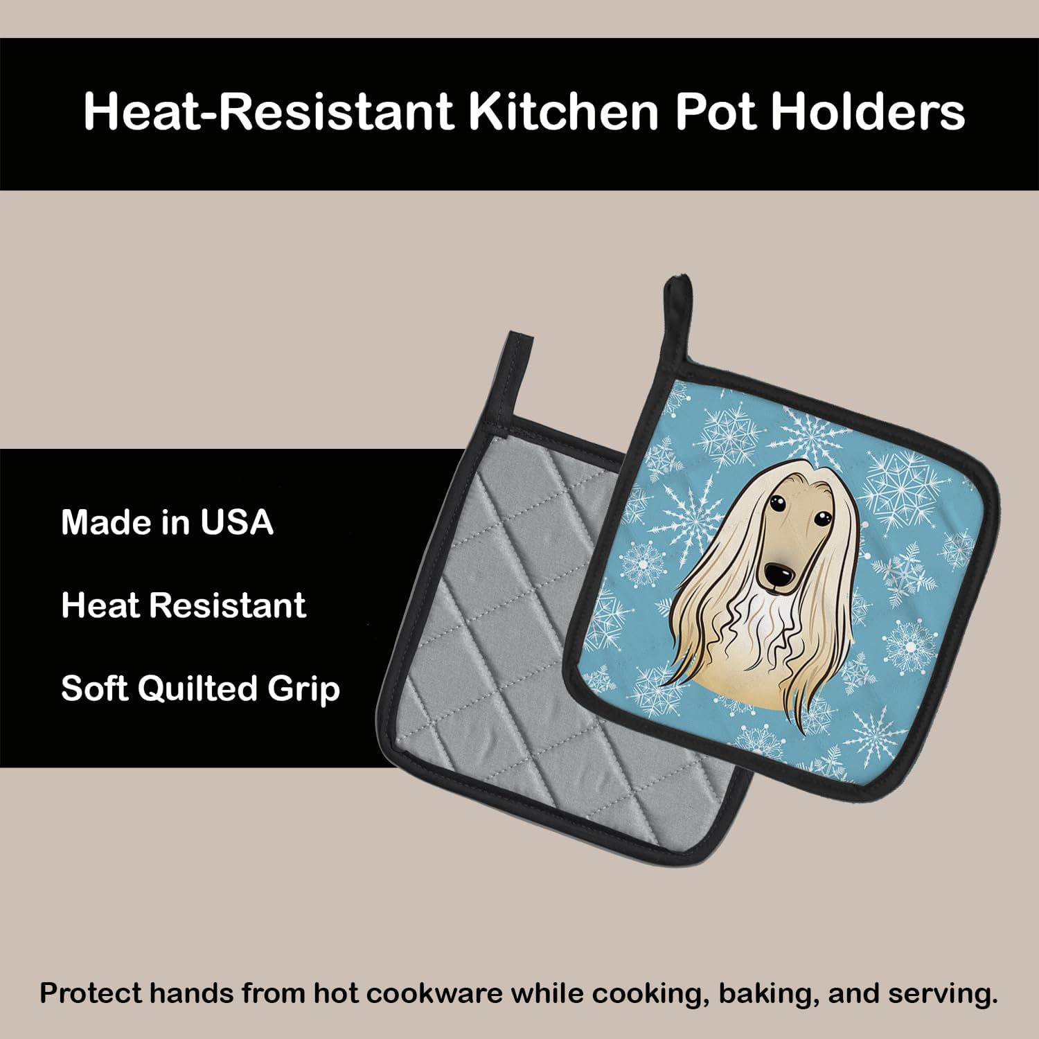 Caroline's Treasures BB1678PTHD Snowflake Afghan Hound Pair of Pot Holders Kitchen Heat Resistant Pot Holders Sets Oven Hot Pads for Cooking Baking BBQ, 7 1/2 x 7 1/2
