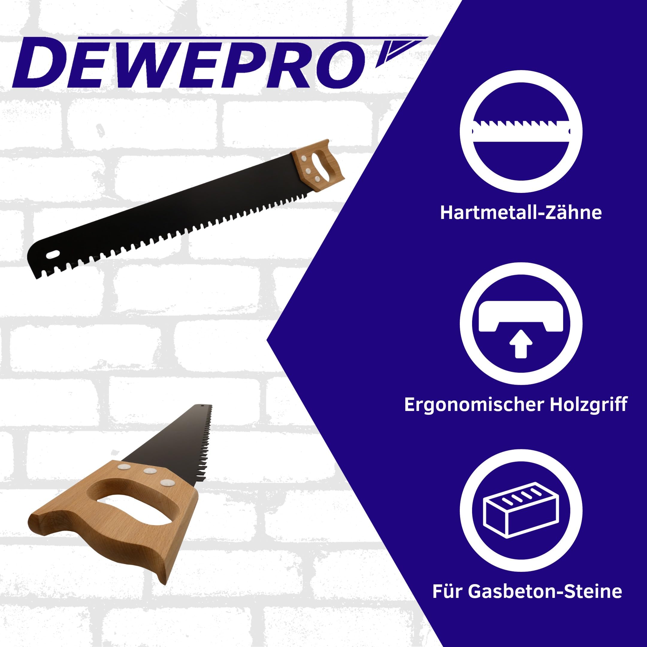 DEWEPRO Profi Porenbetonsäge mit Holzgriff und 33 Zähnen - davon 17 Zähne mit Hartmetall (Widia) bestückt