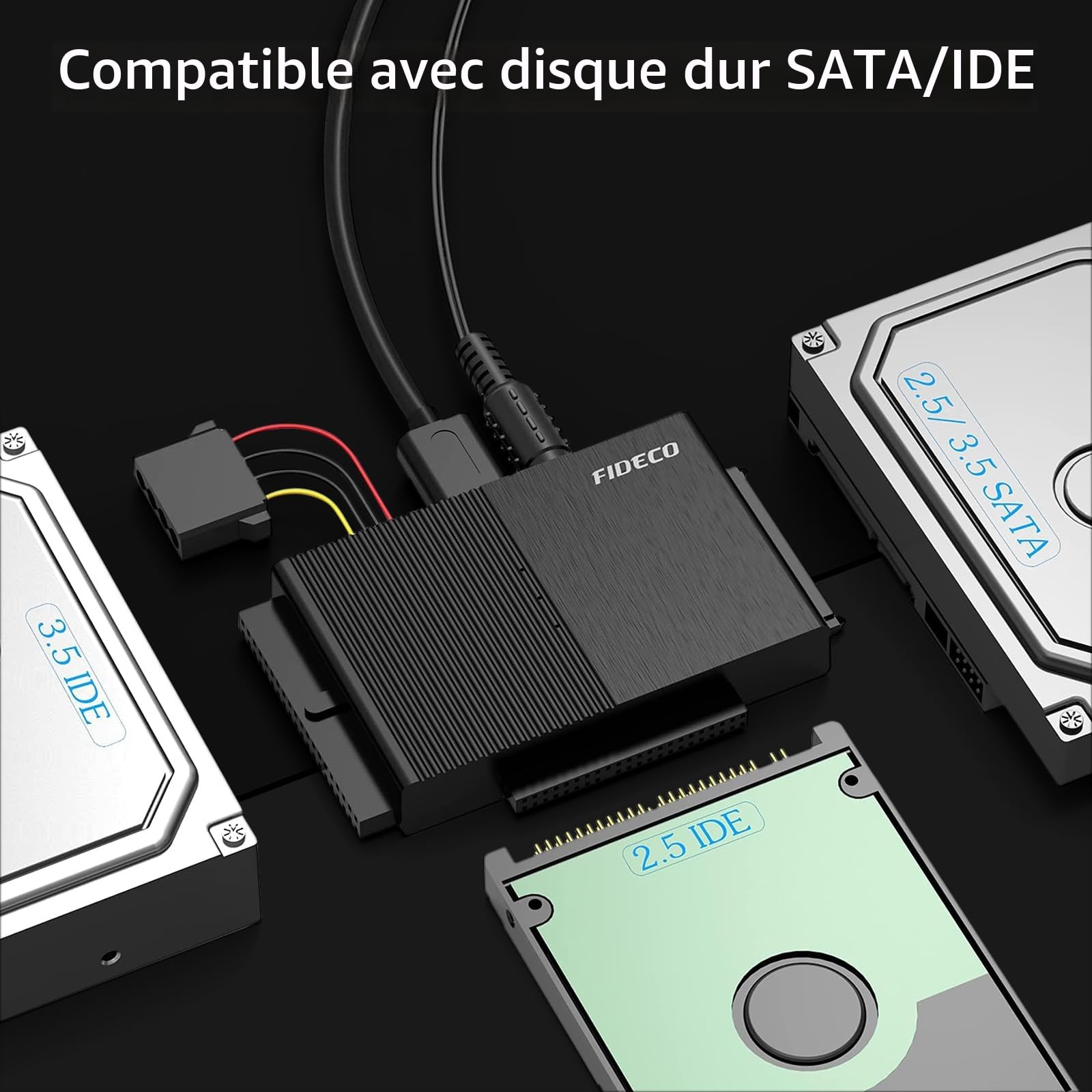 FIDECO Adaptateur Disque Dur USB 3.0 pour 2.5"/ 3.5" HDD/SSD, Convertisseur SATA et IDE avec Alimentation DC 12V 2A