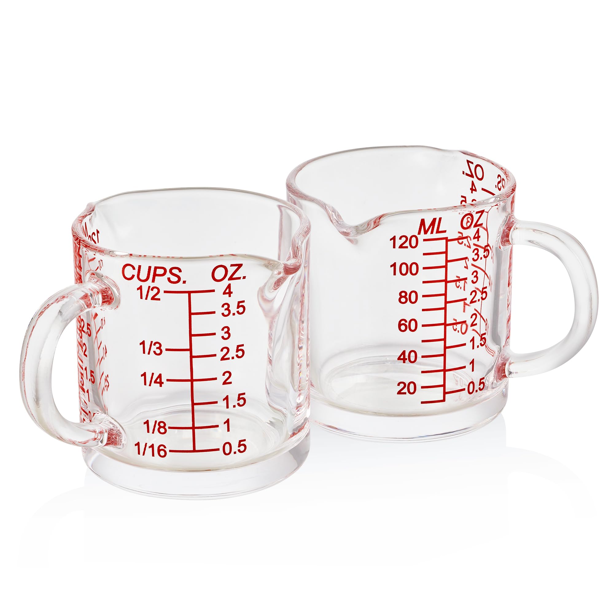 Vaso medidor de vaso de chupito de 120 ml, taza de vidrio expreso alto con asa, doble boquilla (paquete de 2)