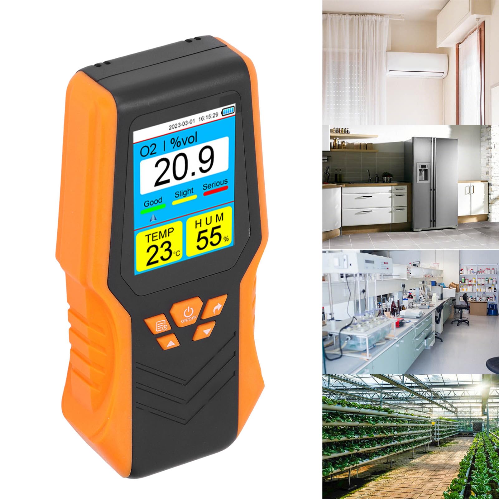 Rilevatore di Ossigeno Portatile, Analizzatore di O2 con Display di Ora e Data, Misuratore di umidità della Temperatura per L'industria Domestica All'aperto